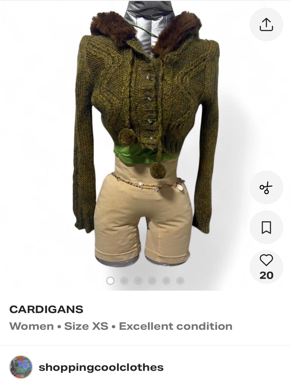 Dex Olive Green Cropped Knit Cardigan with Faux-Fur Hood and Pom Ties